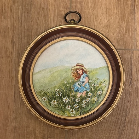 Other - Vintage original art - girl picking Daisies, signed and framed.